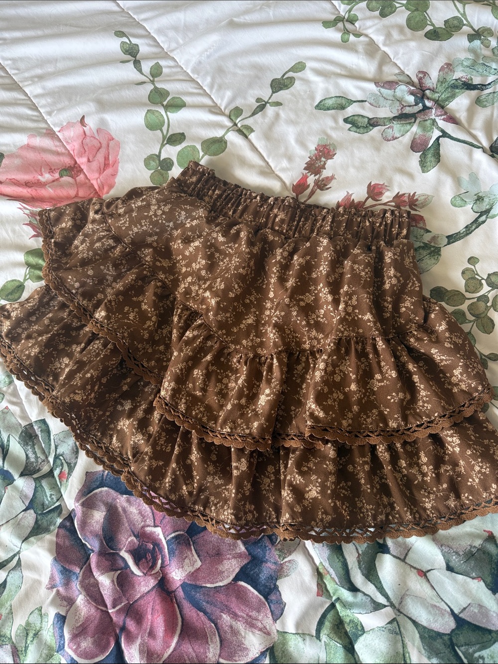 Brown Floral Tiered Mini Skort with Elastic Waistband